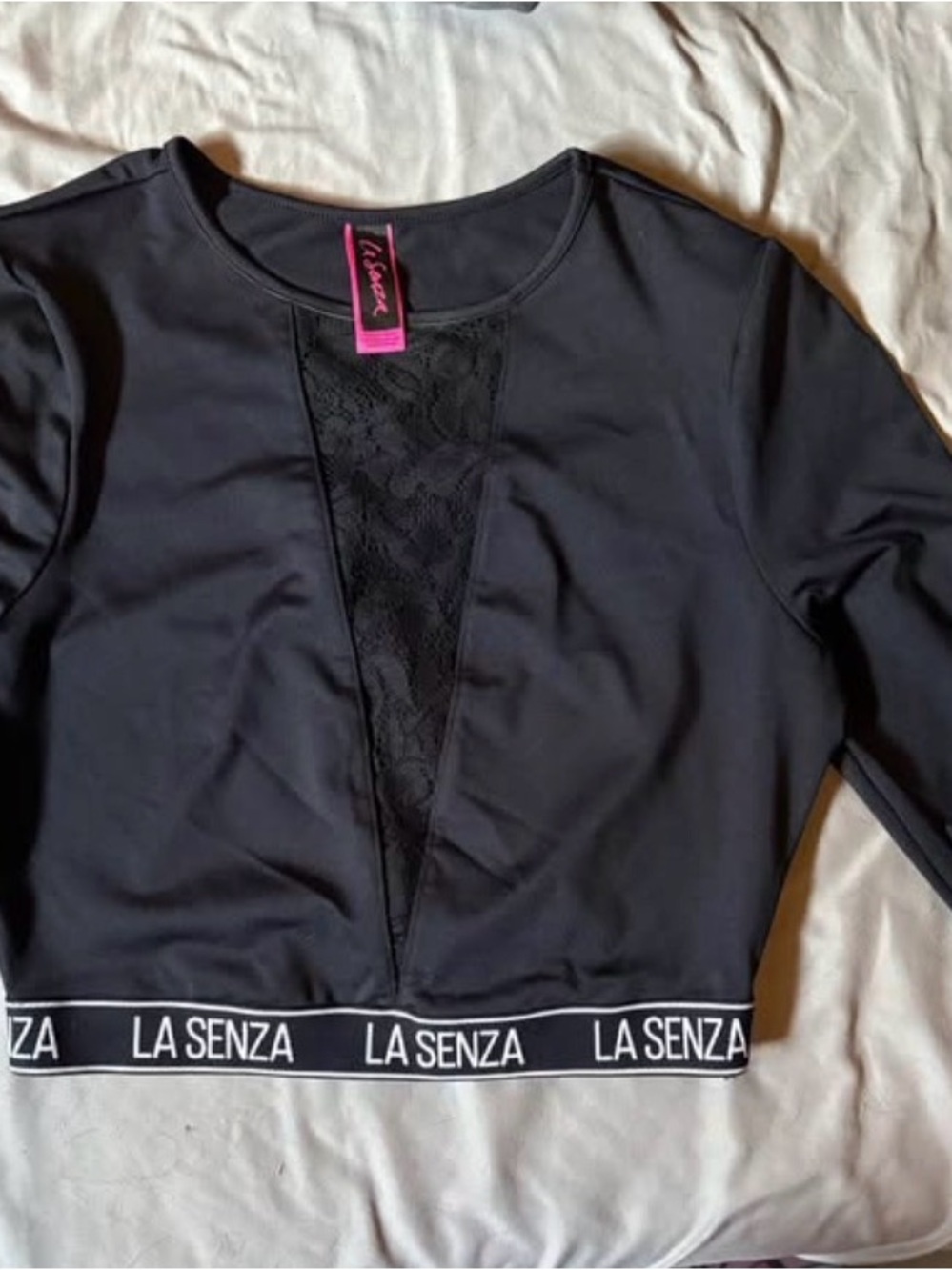 La SENZA Black Cropped Long-Sleeve Top with Lace Inset